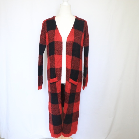 red and black plaid long cardigan